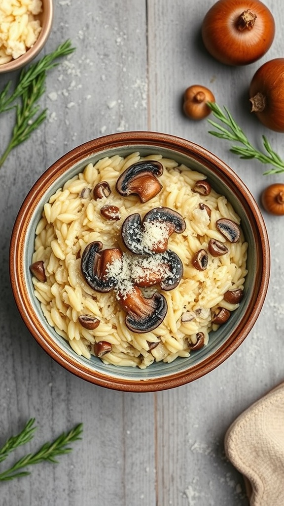 A bowl of creamy mushroom risotto topped with sautéed mushrooms and Parmesan cheese.