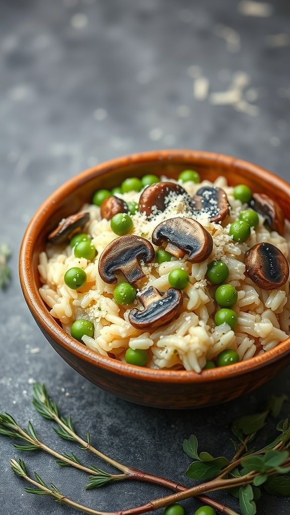 A bowl of mushroom risotto with peas garnished with sliced mushrooms and green peas.