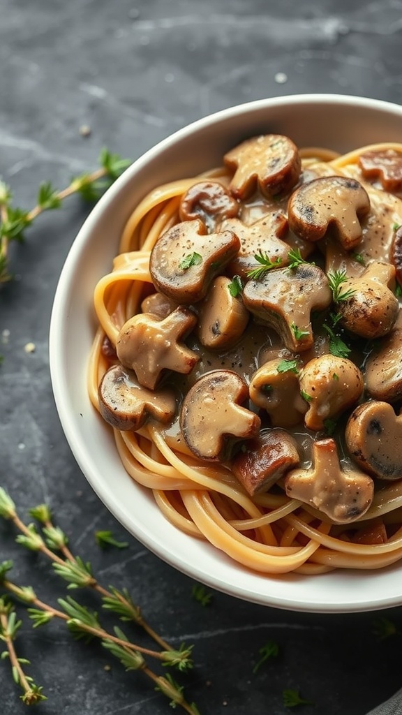 A delicious bowl of mushroom stroganoff served over pasta, garnished with fresh herbs.