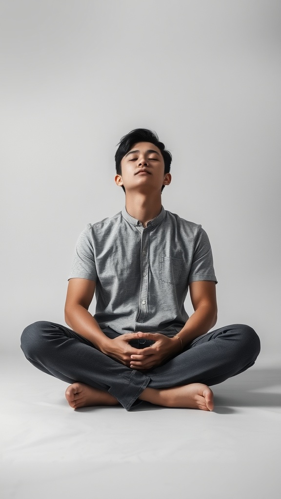 Person practicing nasal breathing exercise sitting cross-legged with closed eyes.