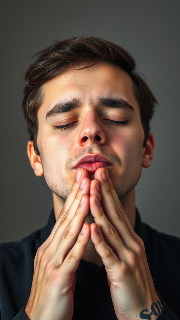 A person practicing nasal breathing with hands pressed together, focusing on relaxation.