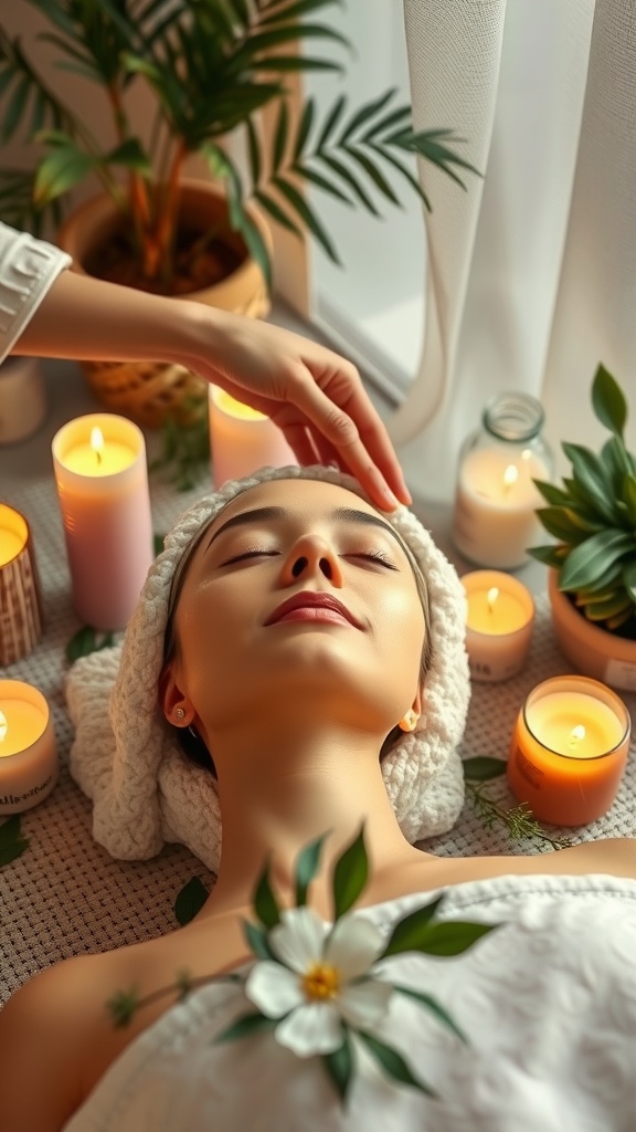 A woman receiving a relaxing face massage surrounded by candles and plants.