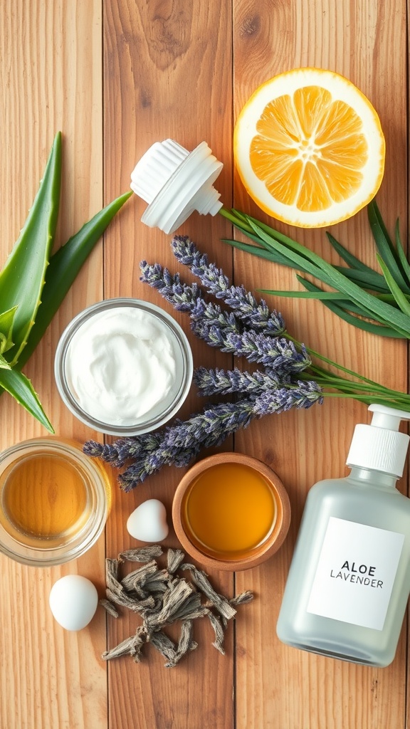A variety of natural skincare ingredients including aloe vera, lavender, lemon, and oils, arranged on a wooden surface.