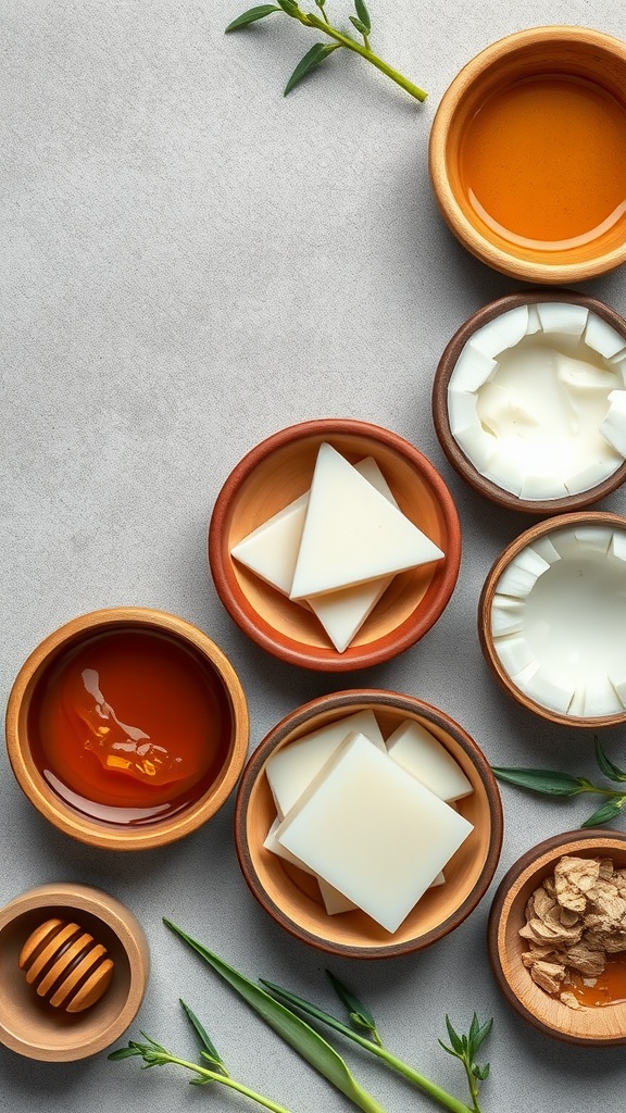 An array of natural skincare ingredients displayed in bowls, including honey, coconut oil, and herbal elements.