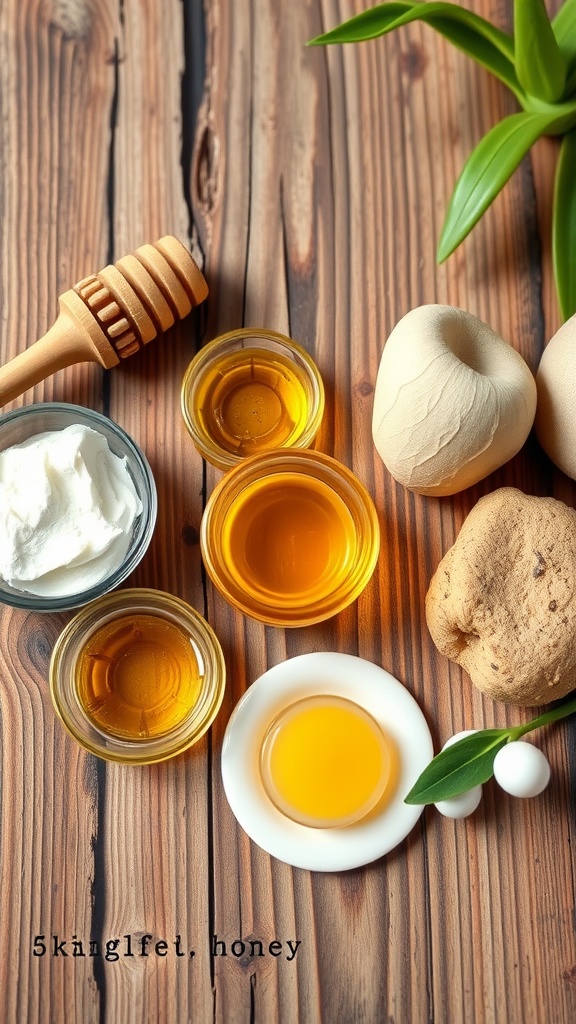 An arrangement of natural skincare ingredients including honey, oils, and shea butter on a wooden surface.