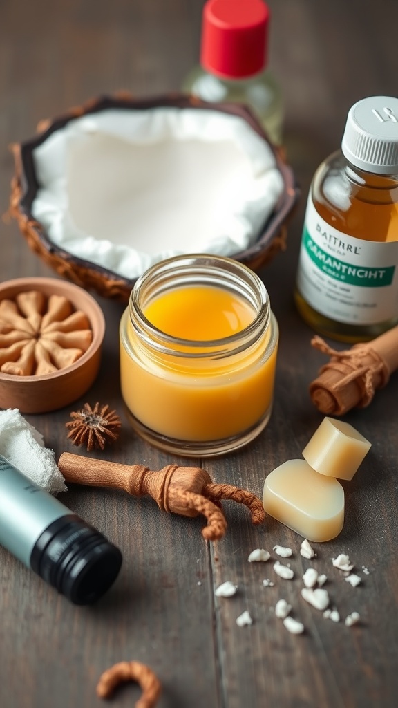 Ingredients for homemade natural lip balm including coconut oil, beeswax, and various containers.