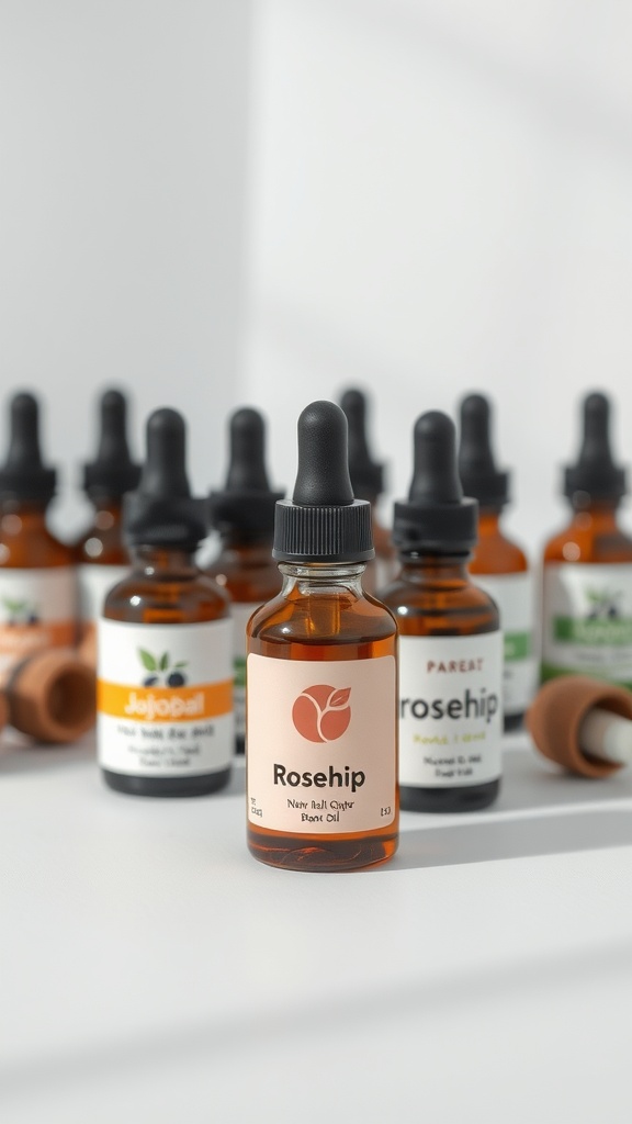 Various bottles of natural oils for skincare, including rosehip and jojoba oils.