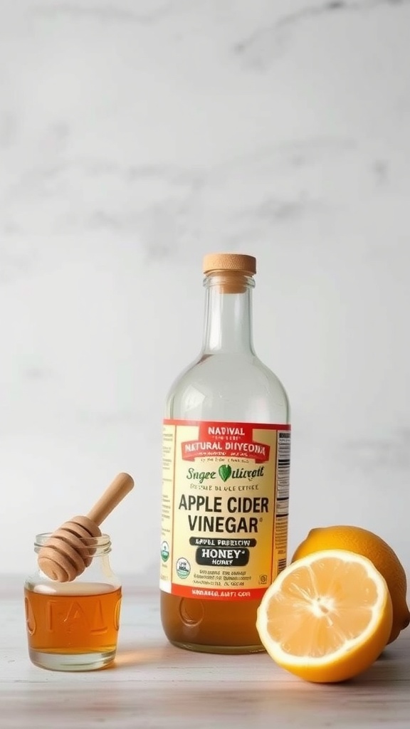 A bottle of apple cider vinegar, a jar of honey with a wooden dipper, and a halved lemon on a marble surface.