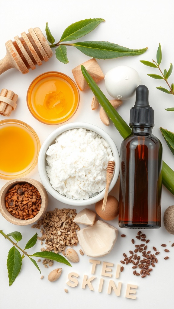 An assortment of natural skincare ingredients like honey, oils, and powders arranged aesthetically.