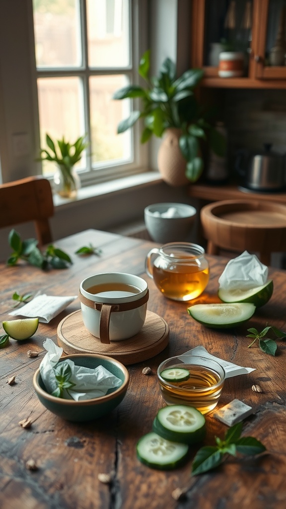 A calming setup with a cup of herbal tea, cucumber slices, and honey on a wooden table.