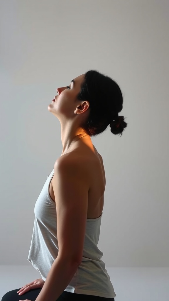 A woman performing the Neck Firming Pose, tilting her head back slightly.