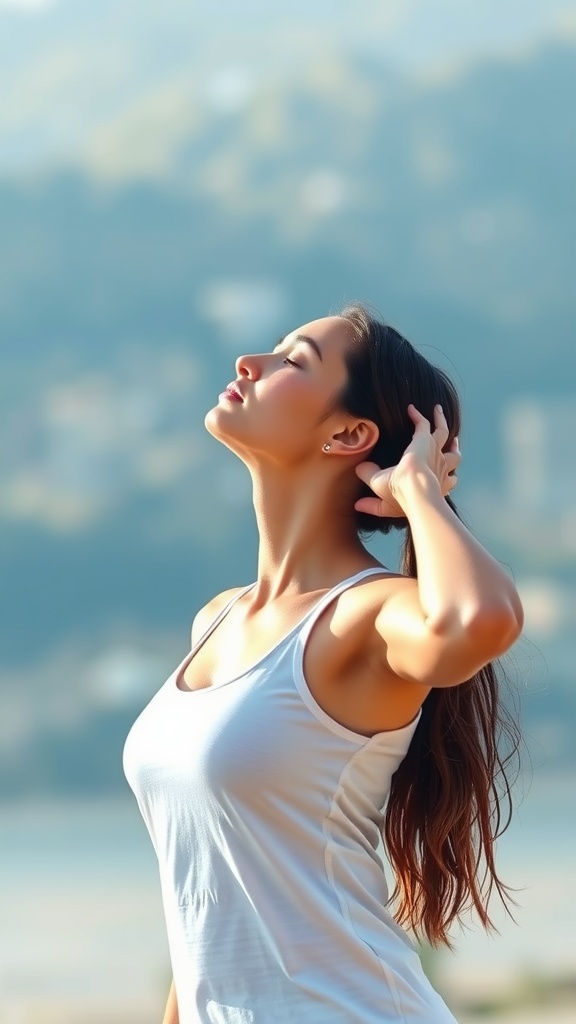 A person practicing the Neck Firming Pose, tilting their head back with confidence.