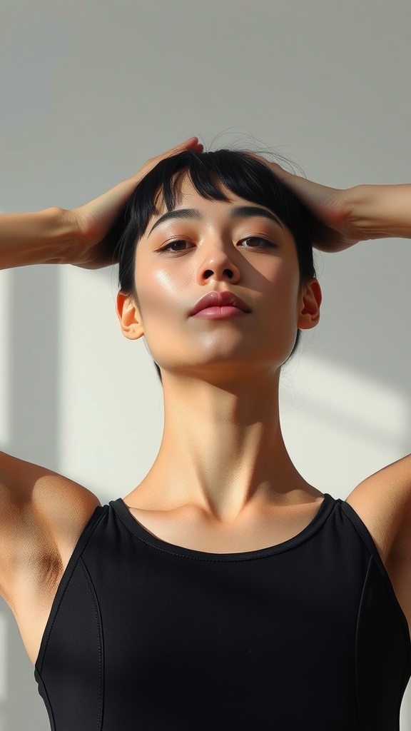 A person performing the Neck Firming Stretch, showcasing a confident posture with arms raised.