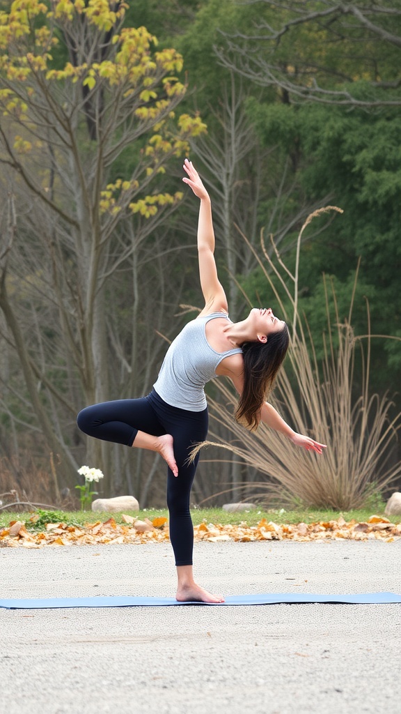 A woman in a yoga pose, balancing on one leg with one arm extended upwards, surrounded by trees and leaves.