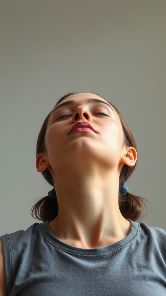 A person performing a neck stretch, tilting their head back slightly
