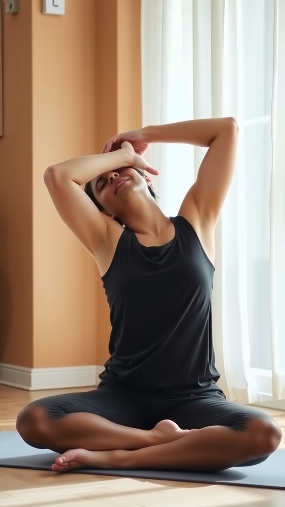 A person practicing yoga neck stretch, sitting on a mat with a city view in the background.