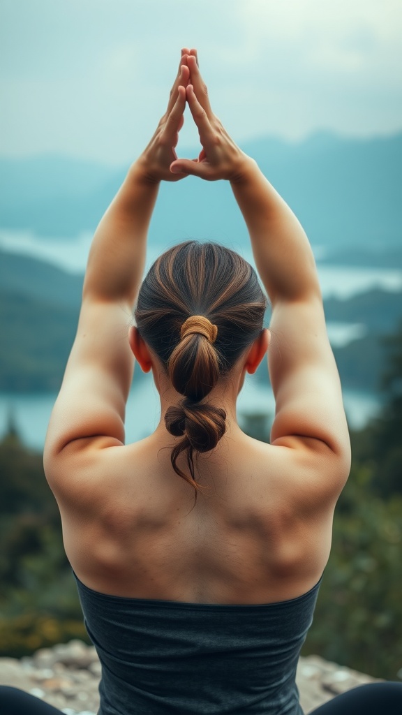 Person performing a neck stretch outdoors with hands raised