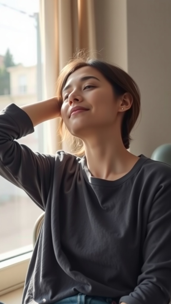 A relaxed person sitting by a window, enjoying a moment of calm and stretching their neck.