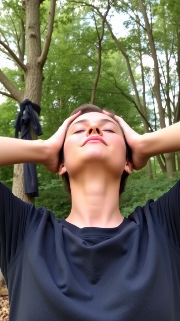 A person performing a neck stretch in a natural setting, focusing on relaxation and fluid lines.