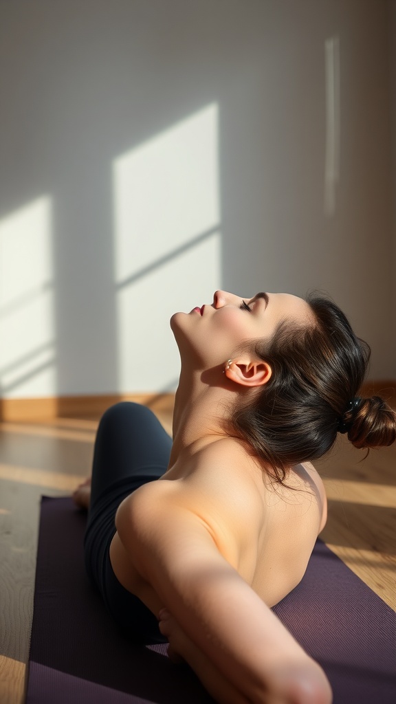 A woman stretching her neck while lying on a yoga mat in a sunlit room.