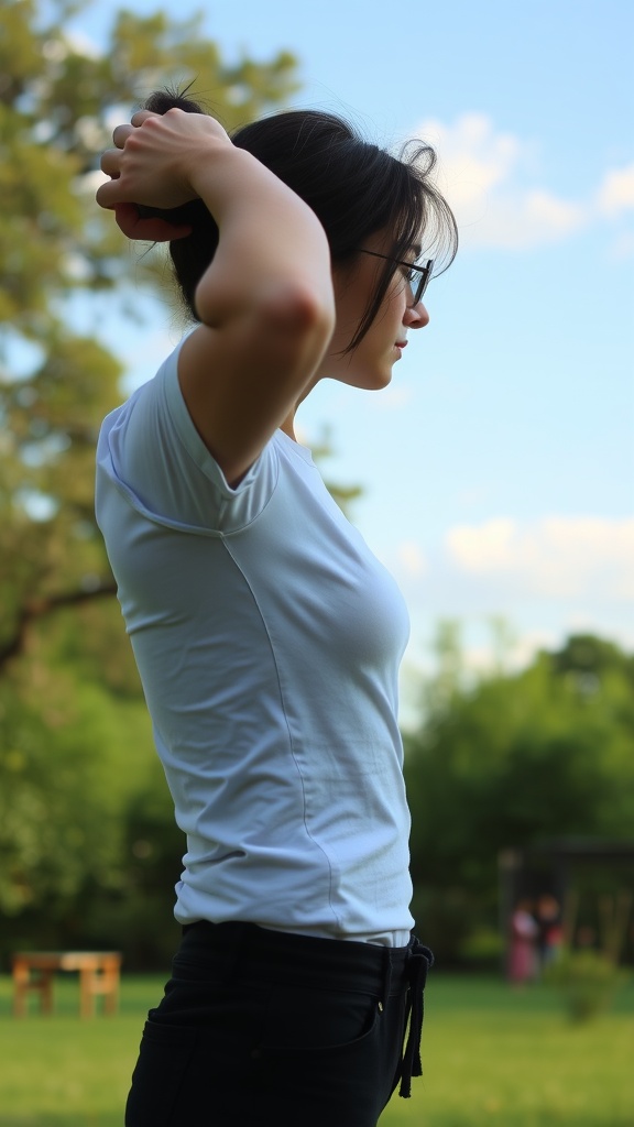 A person performing a neck stretch outdoors, arms raised behind her head.