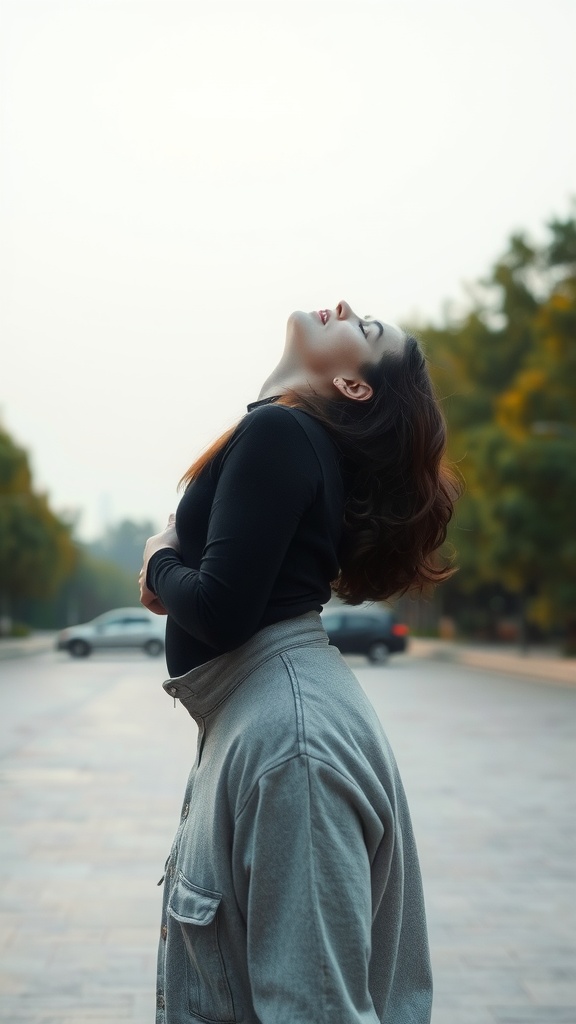 A person stretching their neck back, showcasing relaxation and serenity.