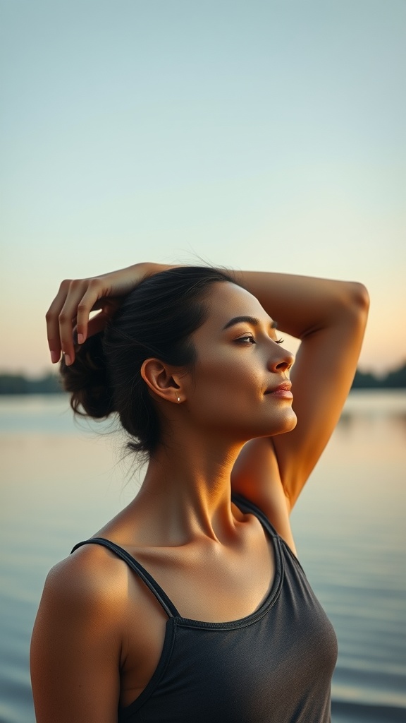 A person performing a neck stretch by raising their arm and tilting their head.