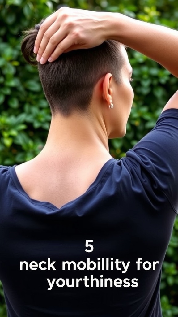 Person performing a neck stretch outdoors, promoting neck mobility and youthful appearance.