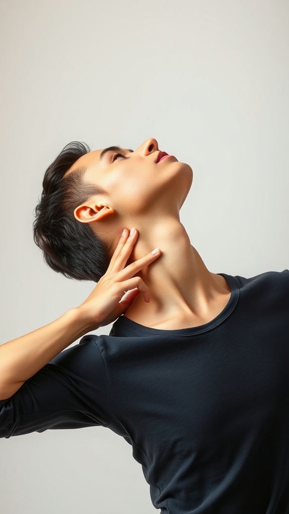 A person performing a neck stretch, tilting their head back while gently holding their neck.