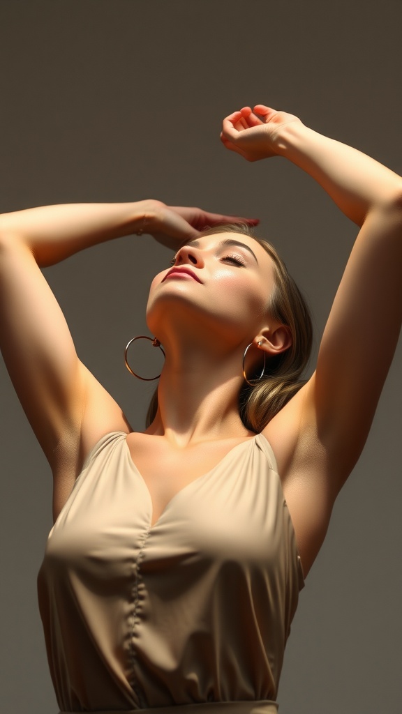 A person performing a neck stretch with arms raised, emphasizing relaxation and glow.