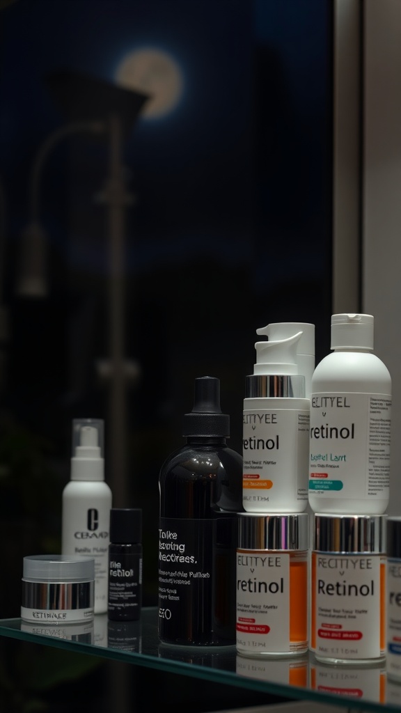 Nighttime skincare products lined up, including various retinol formulations, with a moonlit backdrop.