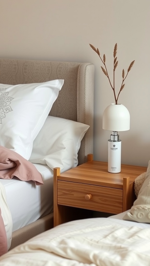 Bedside table with moisturizer and decorative plant in a cozy bedroom