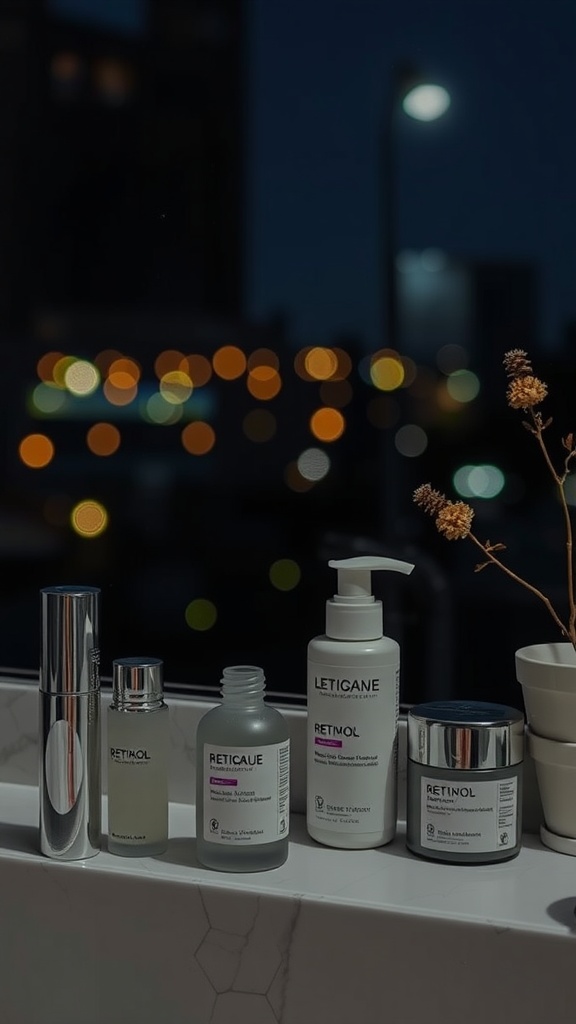 An assortment of retinol skincare products displayed on a bathroom counter with city lights in the background