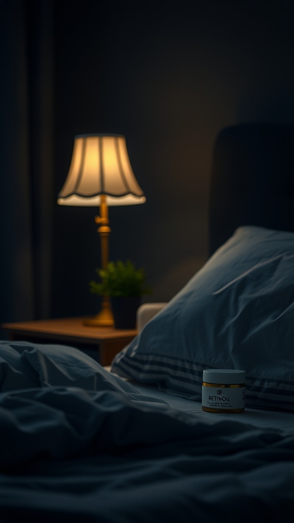 A cozy bedroom with a jar of retinol cream on a bedside table next to a lamp.