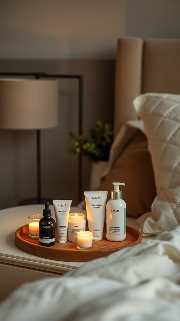 A cozy bedside table with skincare products and candles, creating a soothing nighttime routine.