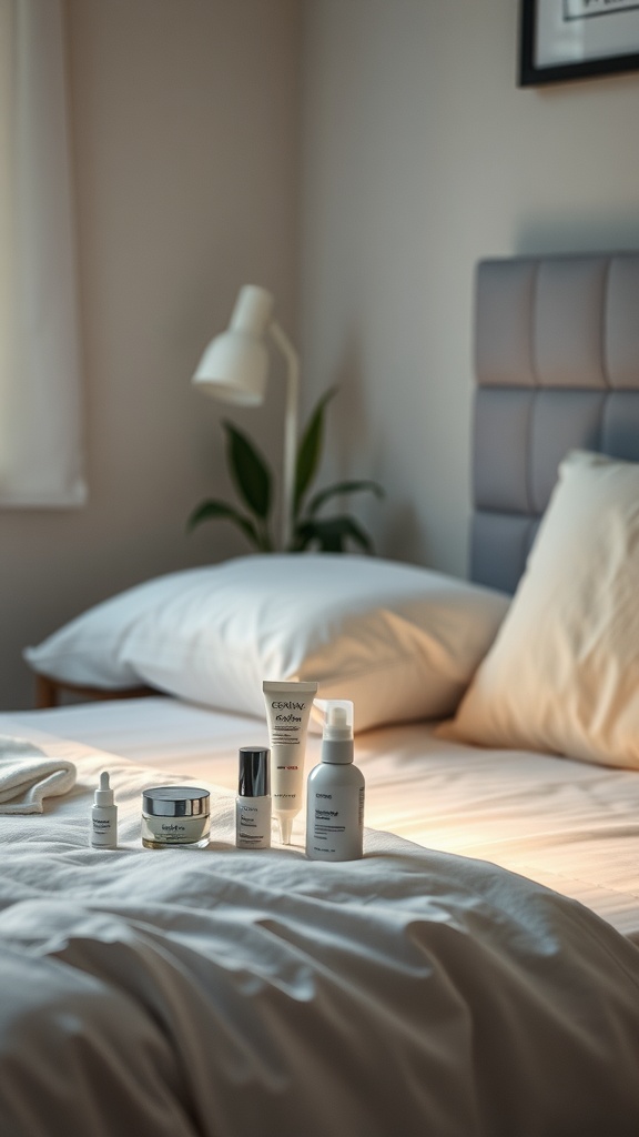 Skincare products arranged on a bed, showcasing a calming nighttime skincare routine.