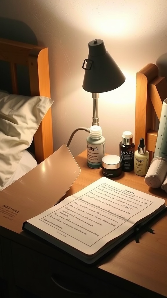 A cozy bedside table with skincare products, a lamp, and a journal, creating a calming nighttime routine.