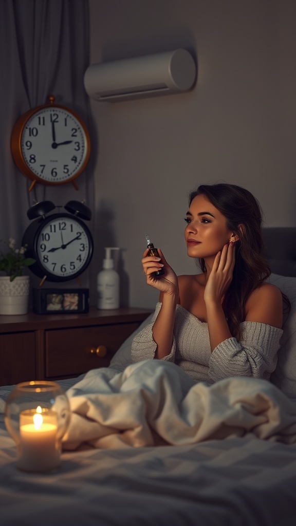 A woman preparing her skin for the night with skincare products.