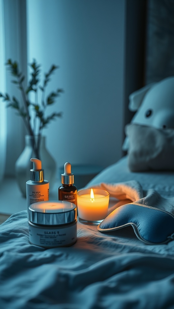 A cozy nighttime skincare setup featuring skincare products, a candle, and a sleep mask.