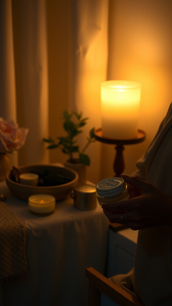 A serene nighttime skincare setup with candles, skincare products, and a cozy ambiance.