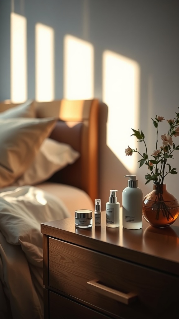 A cozy bedroom with a wooden nightstand displaying various skincare products and a vase of flowers.