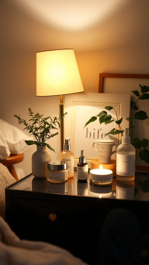A cozy bedside table with skincare products, a lamp, and a candle.