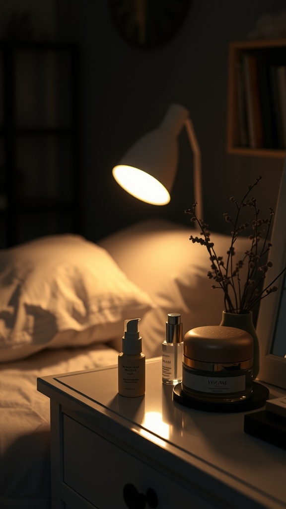 A cozy nighttime scene featuring a bedside table with skincare products and a lamp