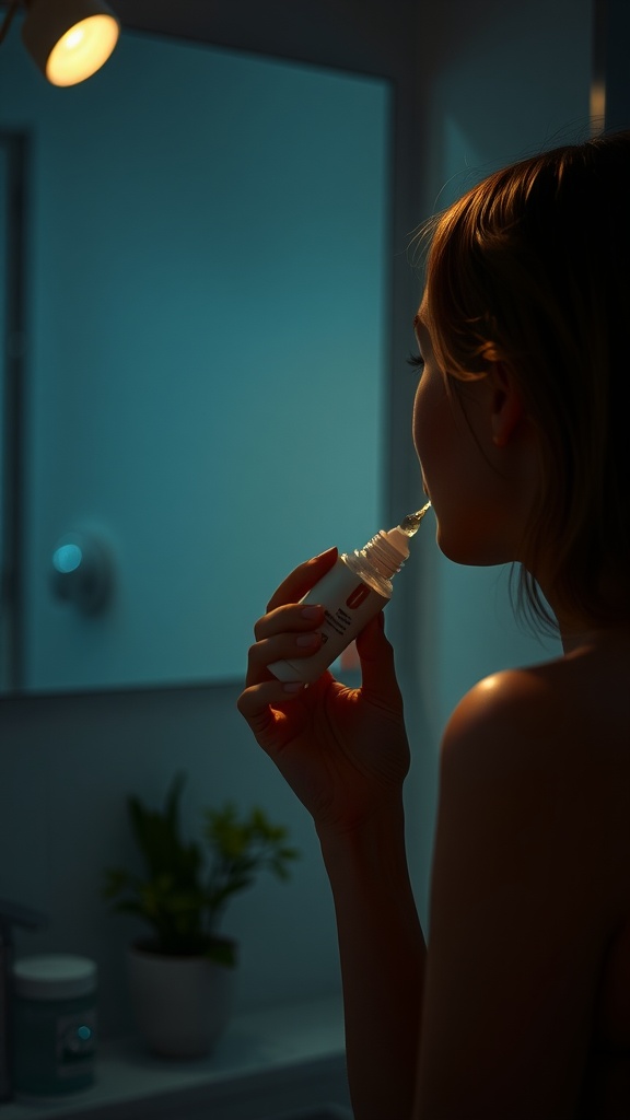 A person applying skincare product in front of a mirror with soft lighting.