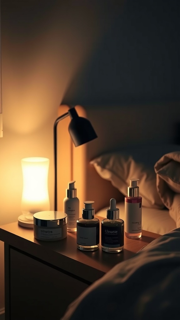 A bedside table featuring various skincare products and a lamp, creating a calming nighttime ambiance.