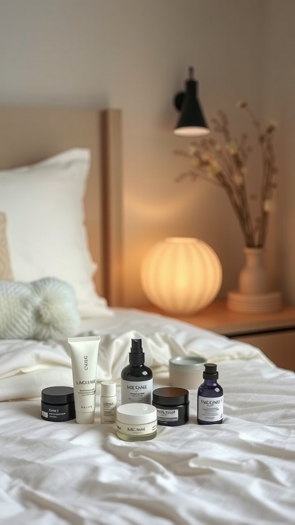 A cozy bedroom with a variety of skincare products neatly arranged on a bed.