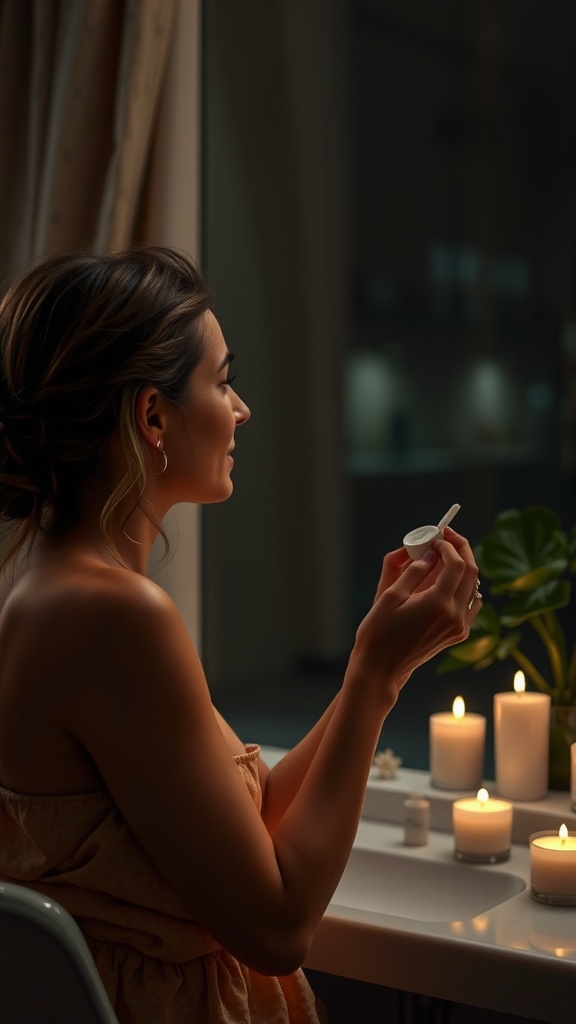 A woman sitting at a desk with candles, preparing for her nighttime skincare routine.