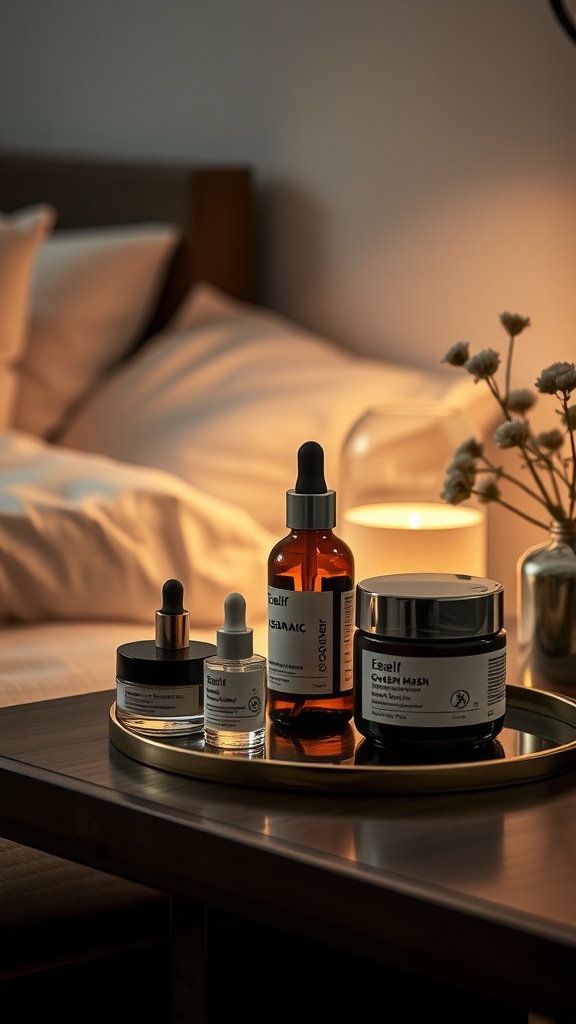 A calming nighttime skincare routine featuring various products on a tray by a bed.