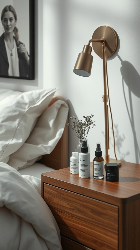 A cozy bedside table featuring skincare products, a warm lamp, and a plant, creating a serene nighttime atmosphere.