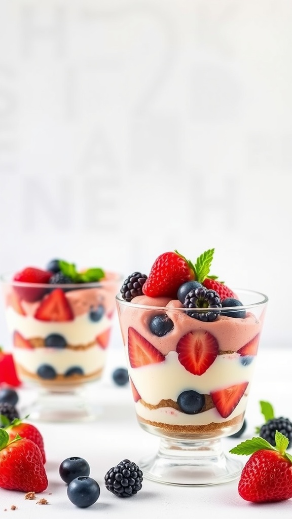 No-bake berry cheesecake cups with strawberries and blueberries